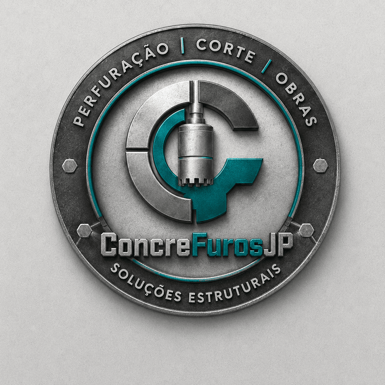 Emblema da ConcreFurosJP: monograma C e F com serra copo diamantada ao centro, cercado pelos dizeres Perfuração, Corte, Obras e Soluções Estruturais